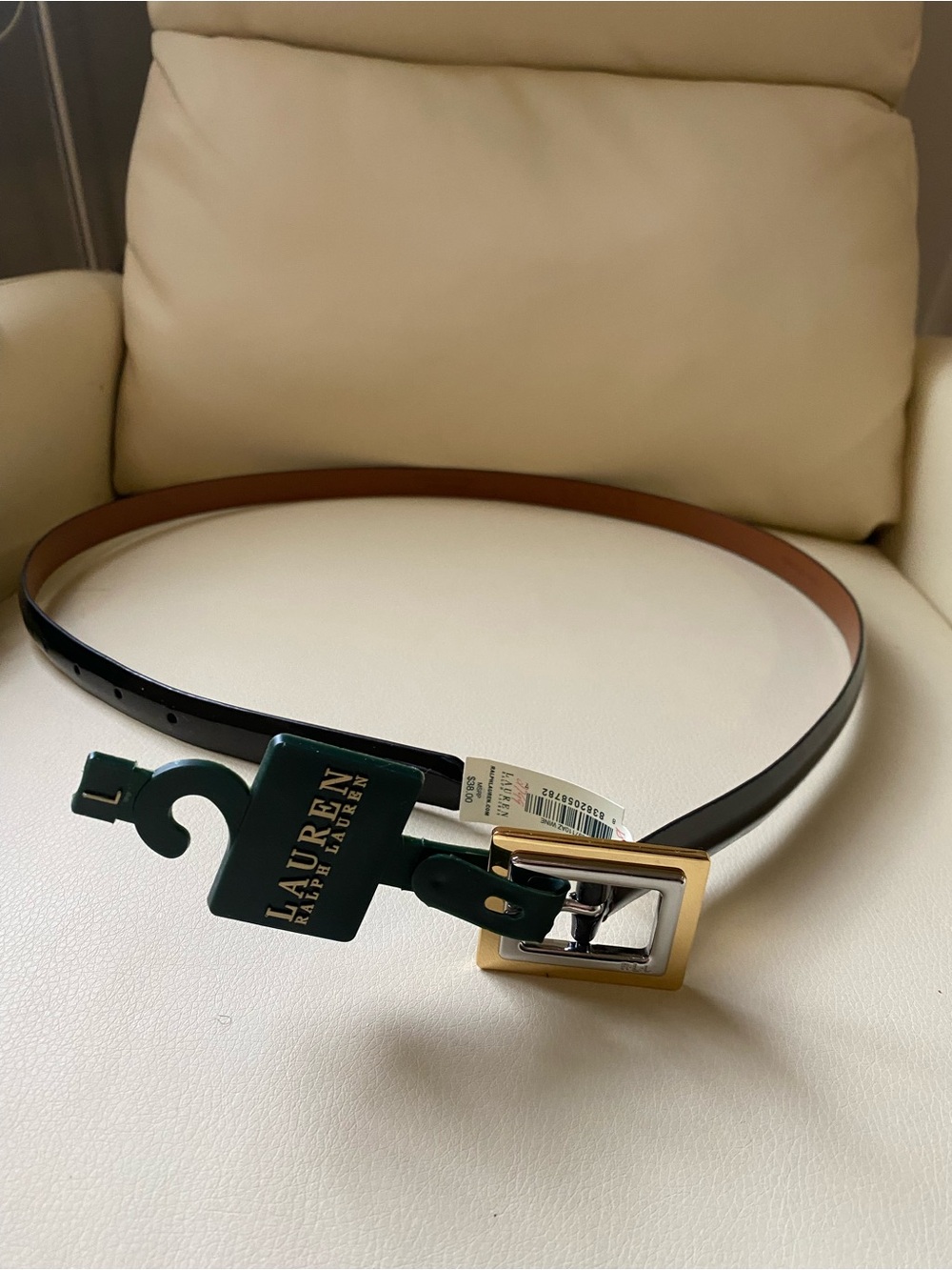 NWT Lauren Ralph Lauren Black Patent Skinny Belt with Gold Buckle